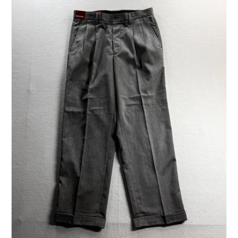 Merona Dress Pants Mens 32x30 Gray Pleated Cuffed Straight Leg Workwear Office